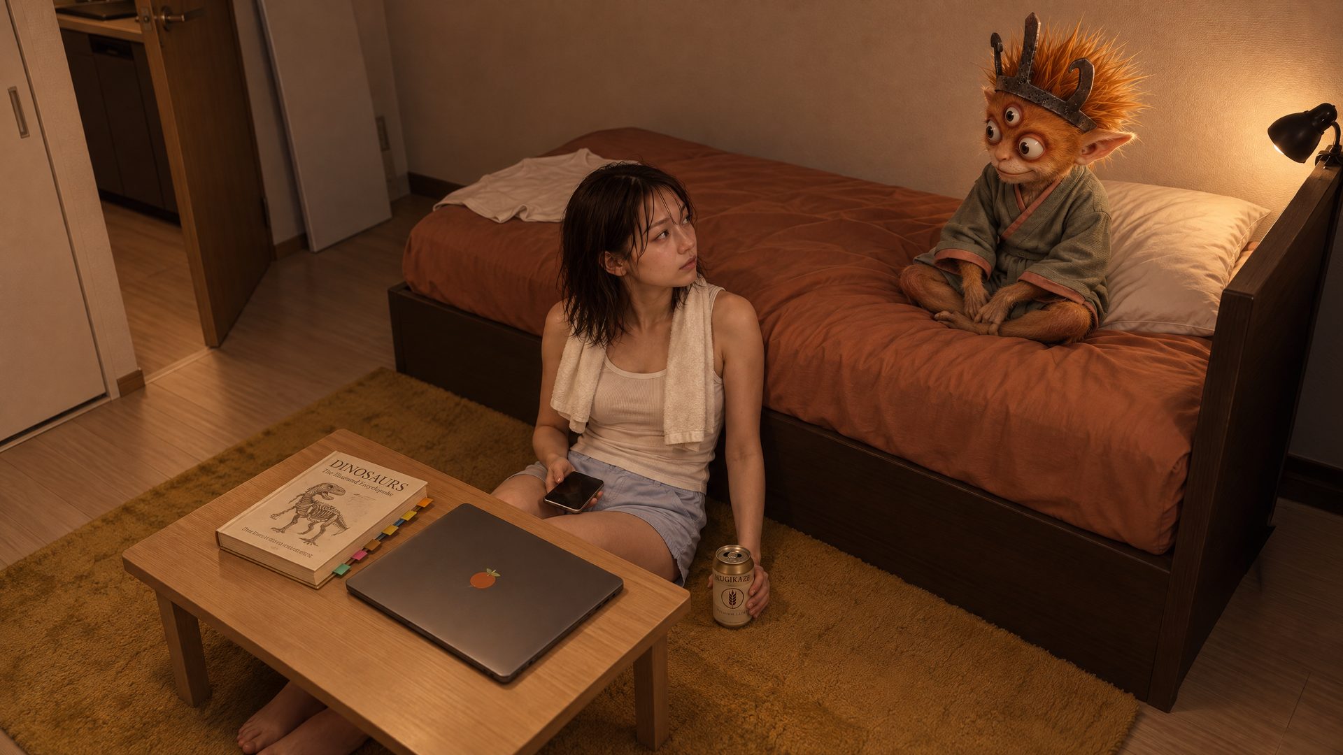 未緒の部屋で、ベッドの上の妬火焔を見上げる七瀬未緒